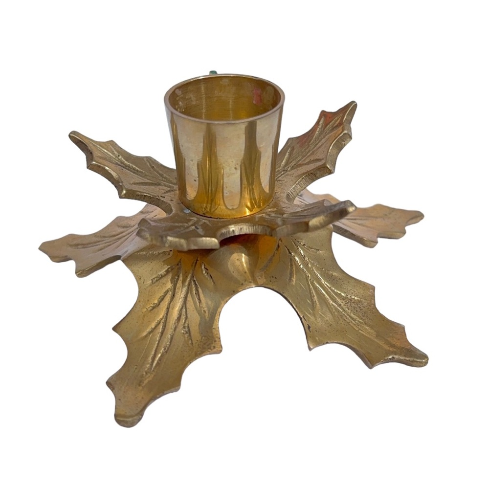 Small Vintage Brass Christmas Holly Candle Holder Candlestick for Taper Candles